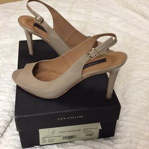 Ann Taylor Peep Toe Taupe Patent Sling Back Heels